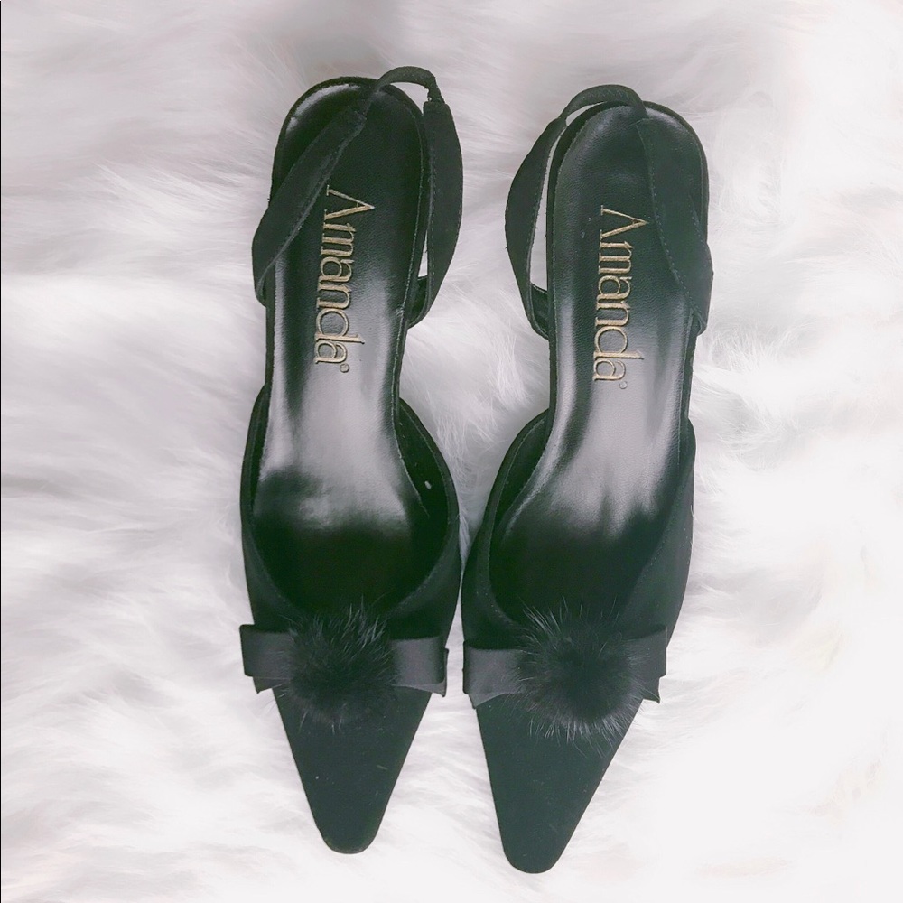 Amanda Black Pom Pom Bow Kitten Heels